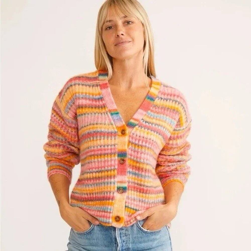 Marine Layer Dream Yarn Crop Cardigan Warm Chunky Rainbow Stripe XS